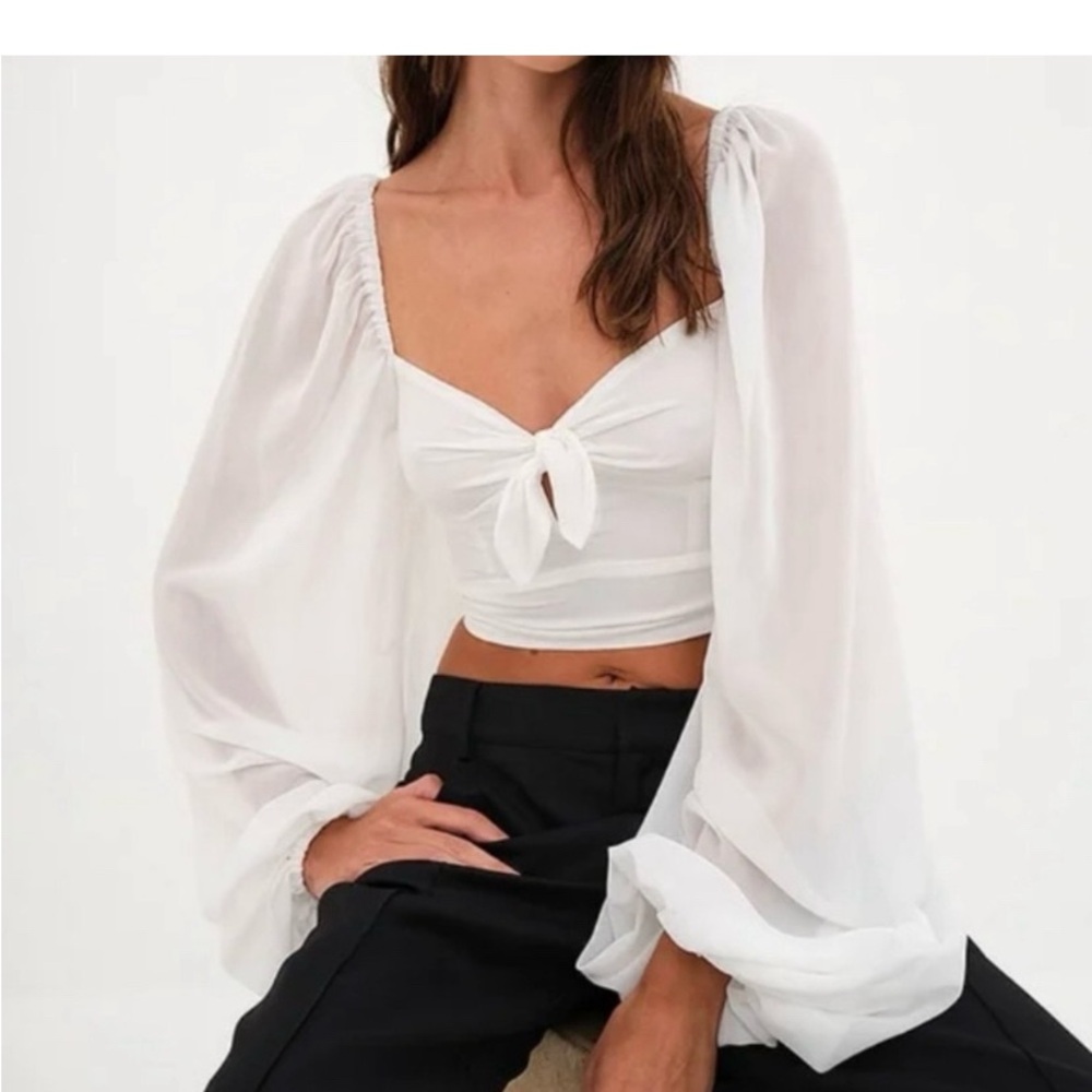For Love & Lemons Trisha Tie Front Puff Sleeve Crop Top XS Sheer